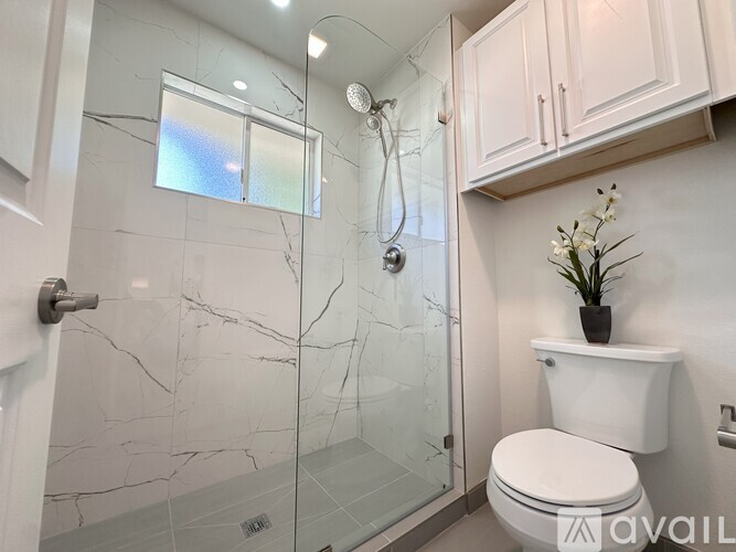 A white toilet sits next to a walk-in shower with a glass door.