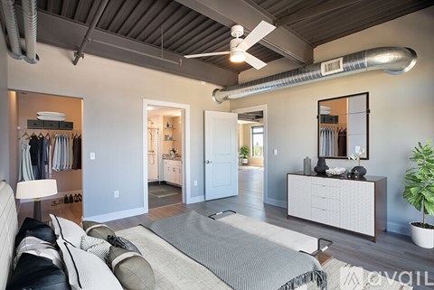 A spacious living room with a grey sofa and a grey rug.