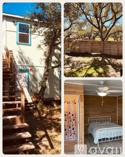 A collage of a house, a tree, a fence, and a bedroom.