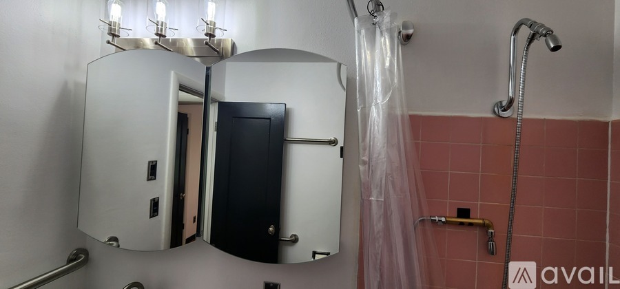 A bathroom with a mirror and a shower.