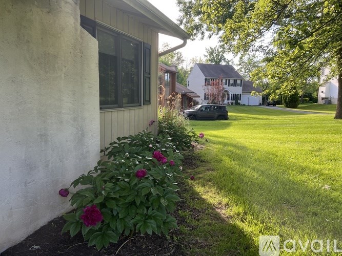 A house with a white wall and a green lawn.