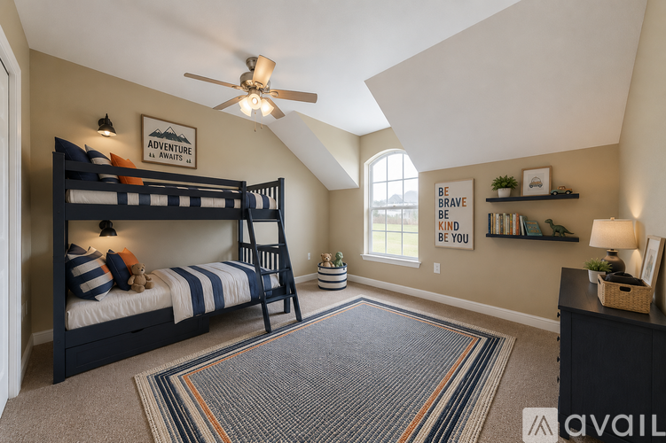 A bedroom with a bunk bed and a rug on the floor.