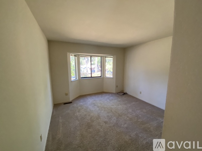 A room with a carpeted floor and a window with a view of trees outside.