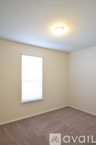A room with a window and a carpeted floor.