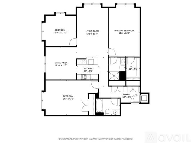 A floor plan of an apartment with four bedrooms and a living room.