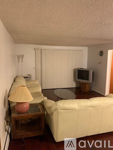 A living room with a sofa, a table with a lamp, and a television.