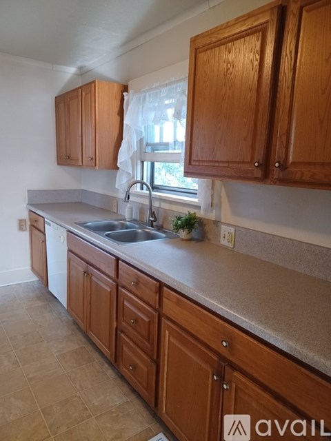 A kitchen with wooden cabinets and a sink.