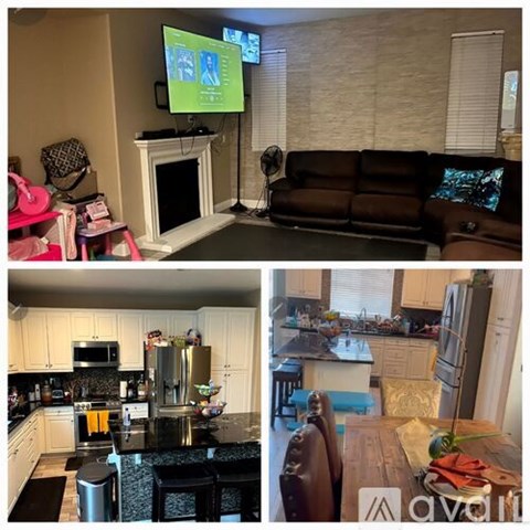 A collage of a living room with a fireplace, a kitchen with a refrigerator, and a dining area with a table and chairs.