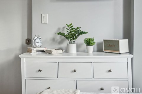 A white dresser with a clock, a potted plant, and a box of tissues on top.