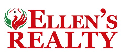 A logo for Ellen's Realty featuring a house and flame design.