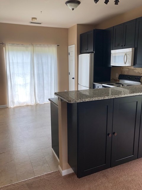 A kitchen with black cabinets and a granite countertop.