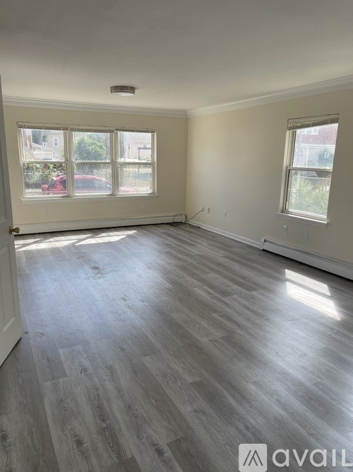 A room with light wood flooring and two windows.