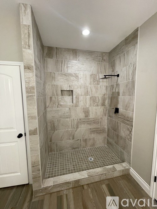 A bathroom with a walk-in shower and a white door.