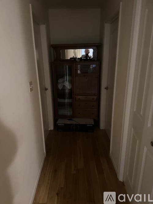 A hallway with a wooden floor and a white door.