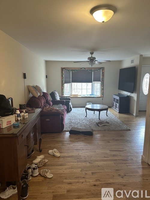 A living room with a ceiling fan and a couch.