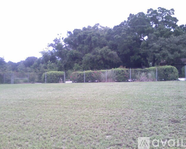 A grassy field with a fence and trees in the background.