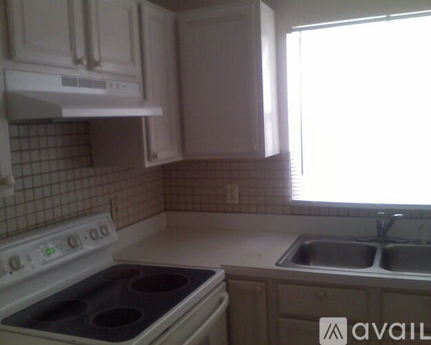 A kitchen with a stove, sink, and cabinets.