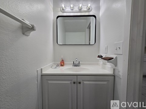A bathroom with a white sink and a mirror above it.