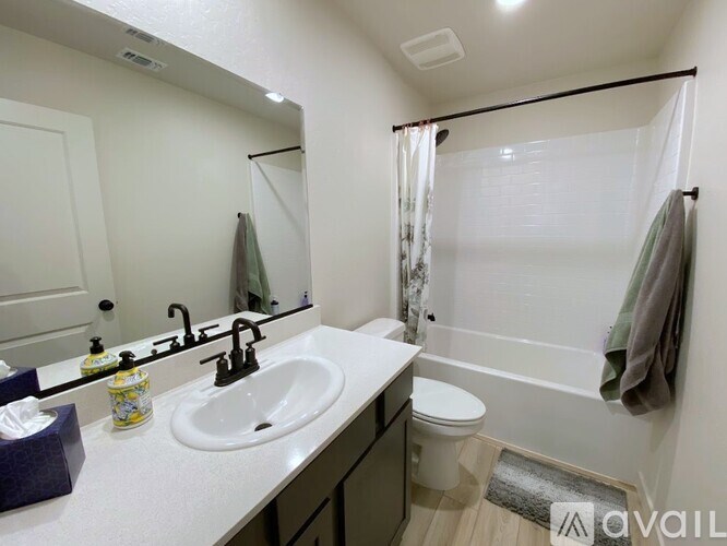 A bathroom with a sink, toilet, and a shower with a curtain.
