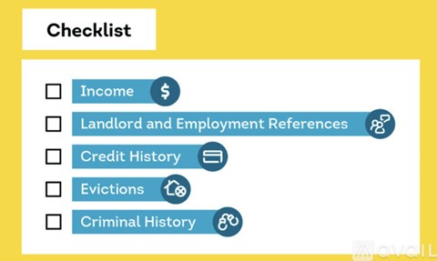 A checklist slide with five items including Income, Landlord and Employment References, Credit History, Evictions, and Criminal History.