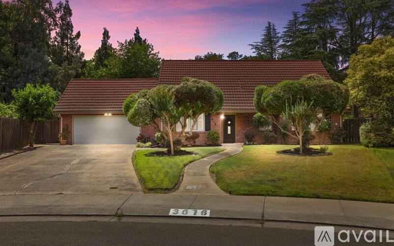 A house with a driveway and trees in front of it.