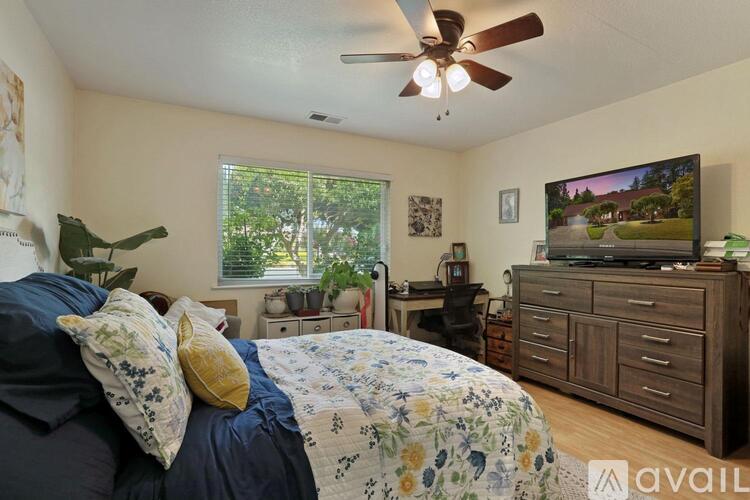 A bedroom with a bed, a ceiling fan, and a television.