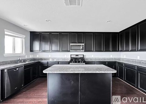 A kitchen with black cabinets and a granite countertop.