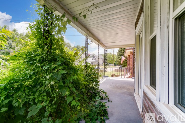 A white house with a porch and a green plant on the side.