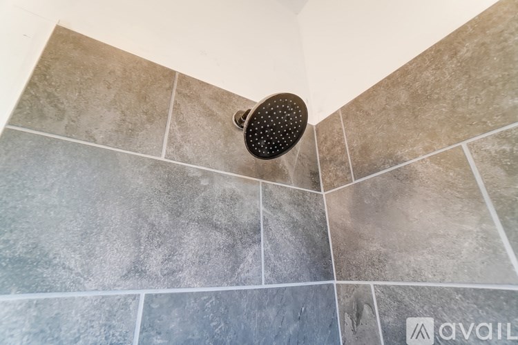A shower head mounted on a tiled wall.