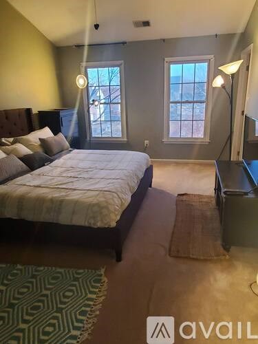 A bedroom with a bed, a window, and a rug.