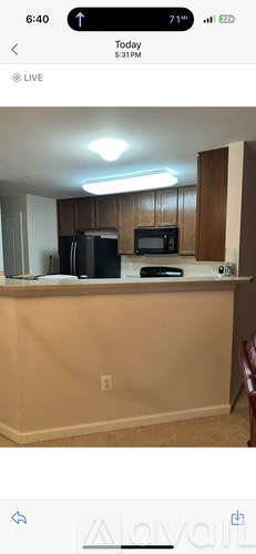 A kitchen with a black refrigerator and a white countertop.