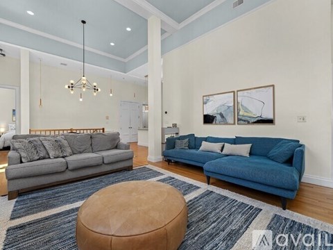 A living room with a grey sofa and a blue sofa.