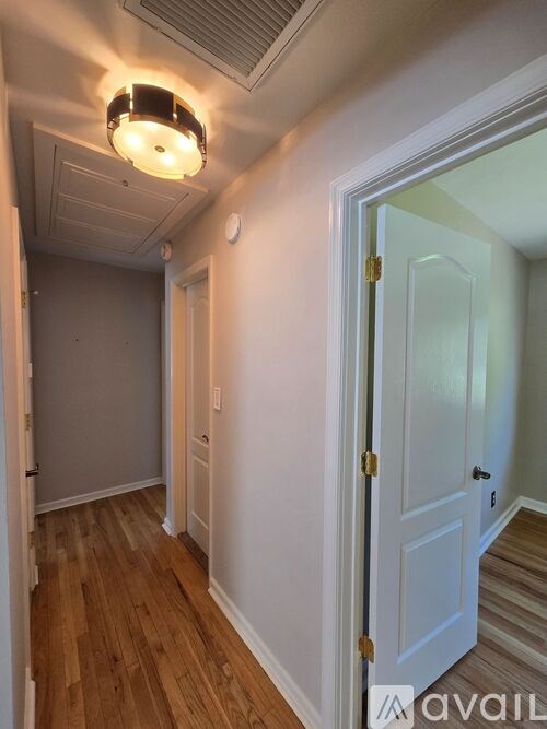 A hallway with a white door and a light on the ceiling.