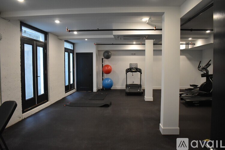 A gym with a black floor, a blue and red ball, and a black vacuum cleaner.