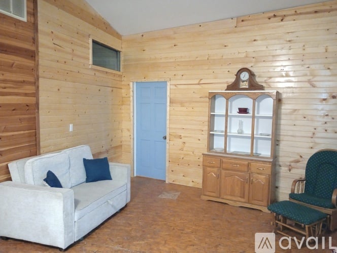 A living room with a white couch, a wooden cabinet, and a green chair.