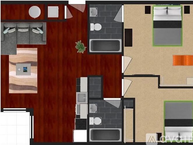 A floor plan of a house with a kitchen, living room, and bedrooms.