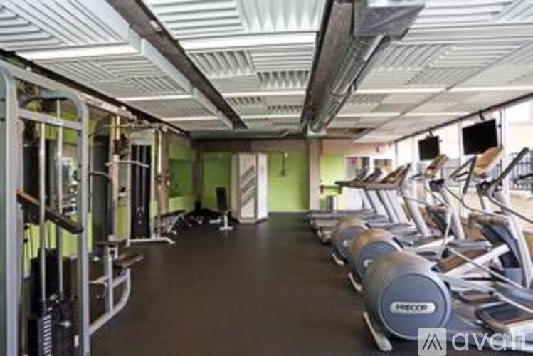 A gym with a row of treadmills and a row of dumbbells.