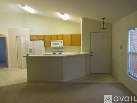A kitchen area with a counter and cabinets.