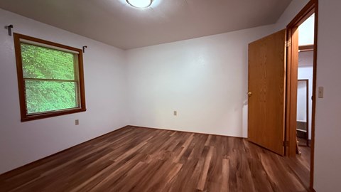 A room with a wooden floor and a window with a view of trees.