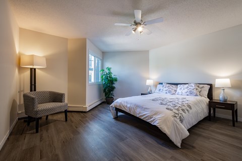 A bedroom with a bed, chair, and plant.