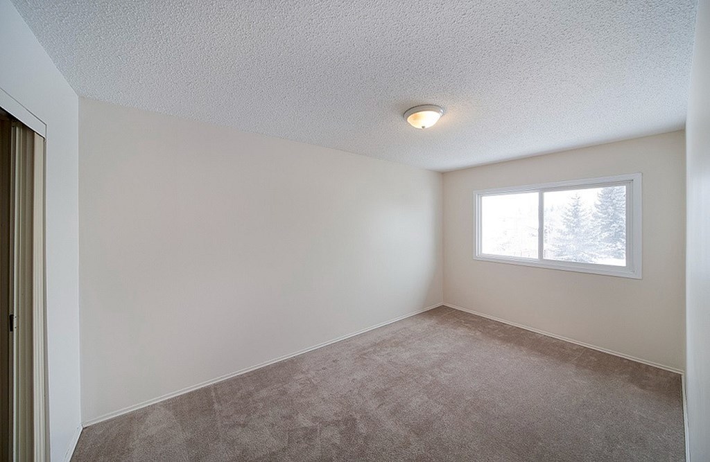 A room with a window and carpeted floor.