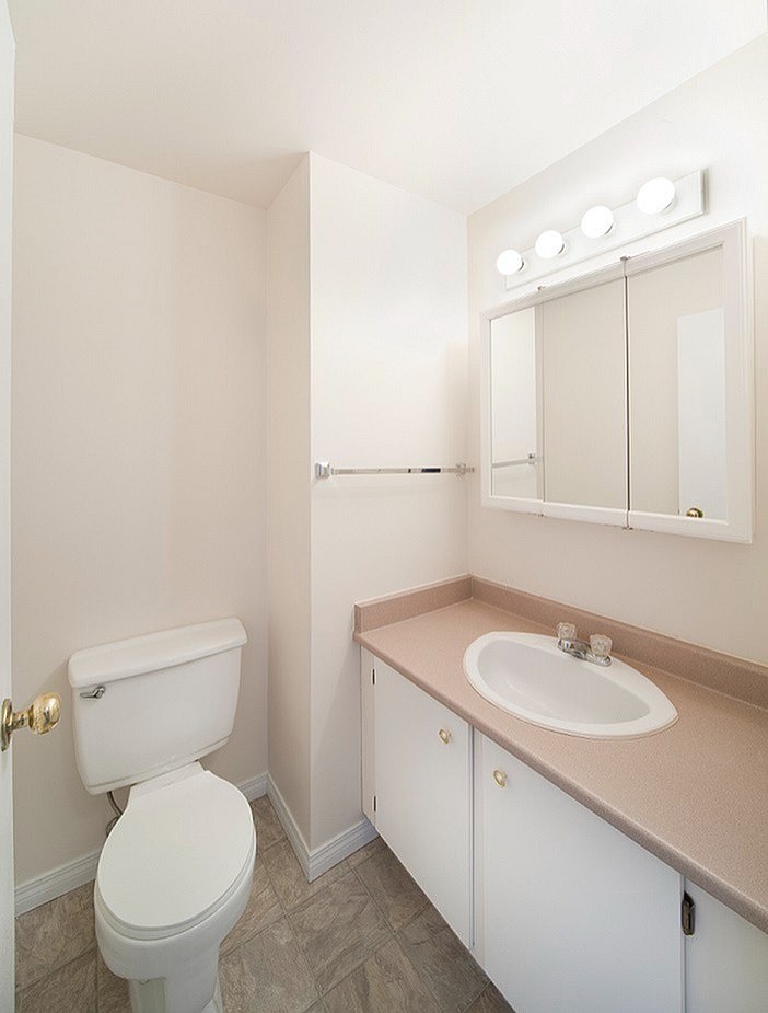 A white toilet sits next to a sink in a bathroom.