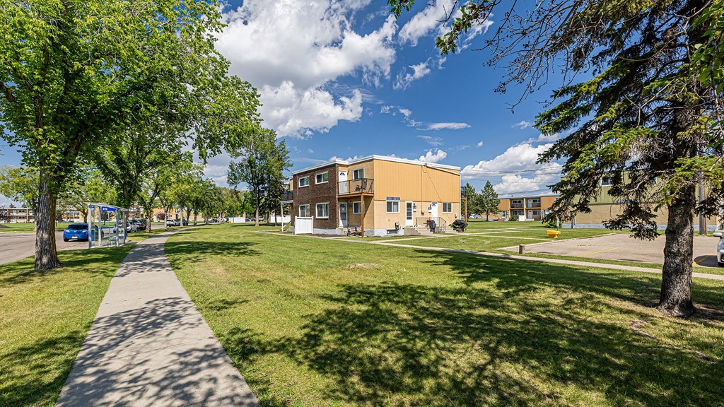 A sunny day at a park with a building in the background.