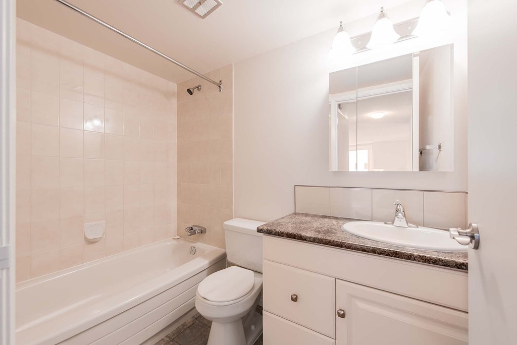 A white toilet sits next to a bathtub in a bathroom.