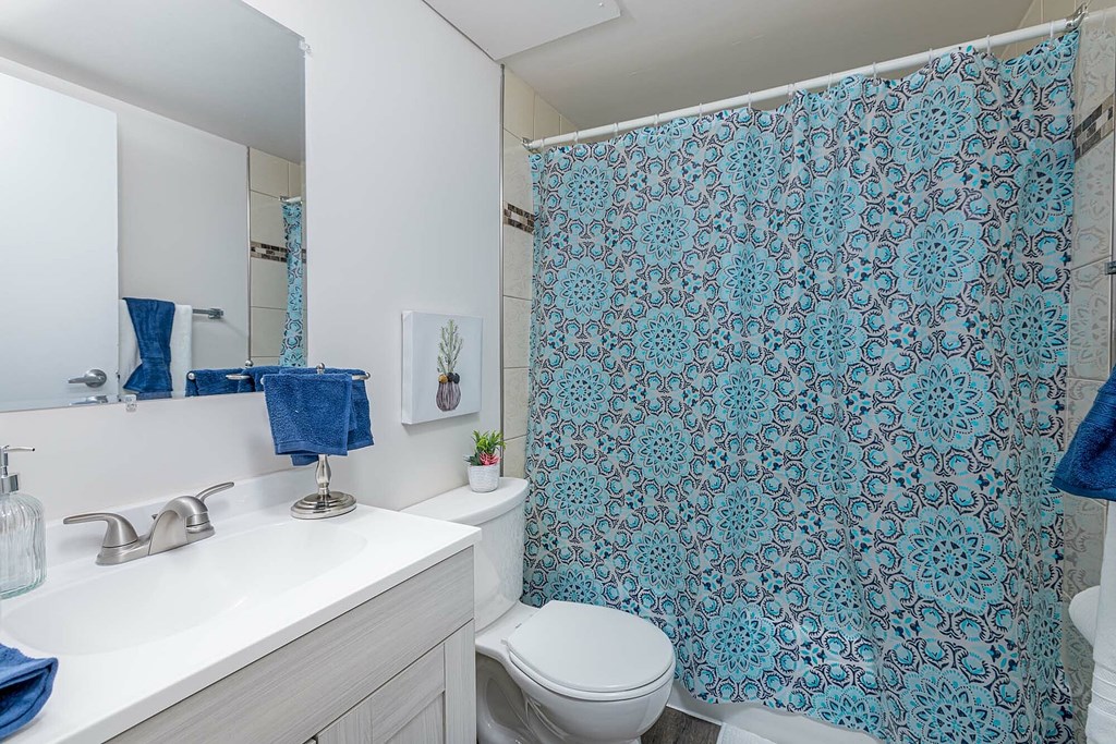A bathroom with a blue shower curtain and a white toilet.