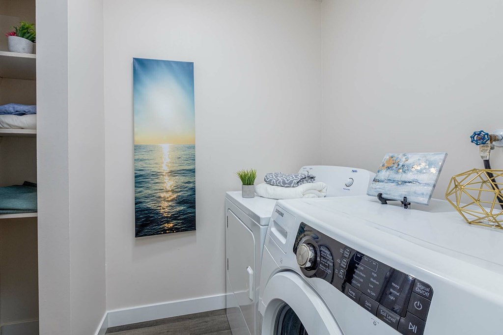 A washing machine sits in front of a wall with a picture of a sunset over the ocean.