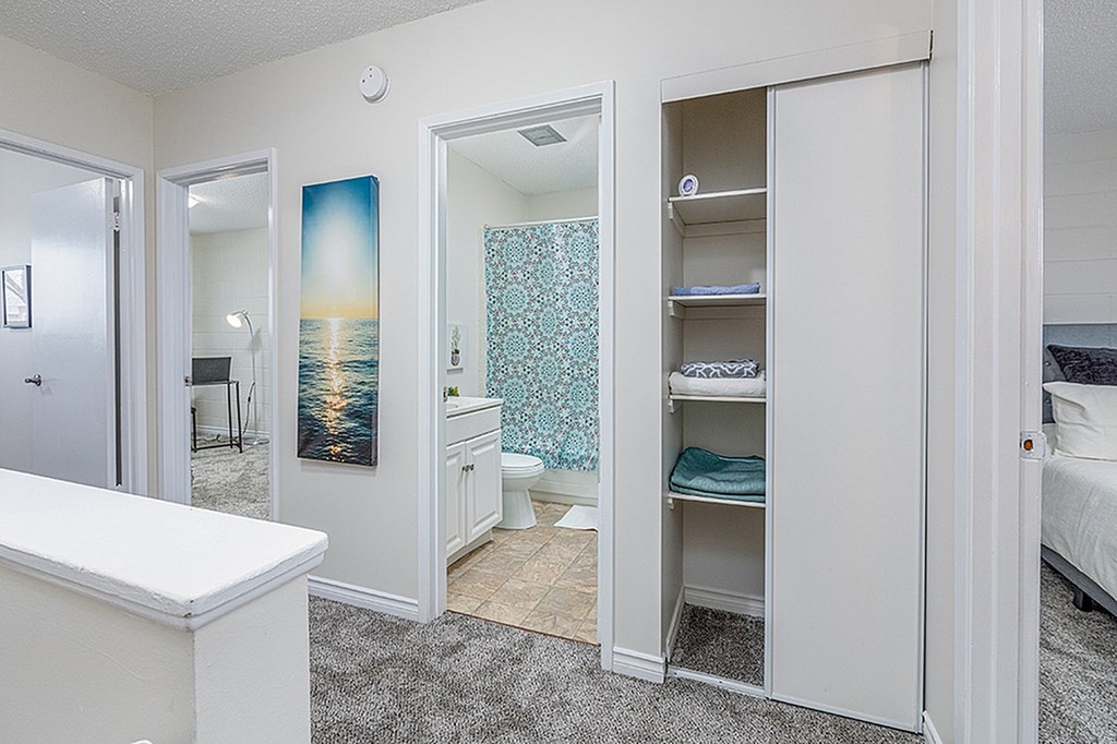 A room with a white counter and a painting of a sunset on the wall.