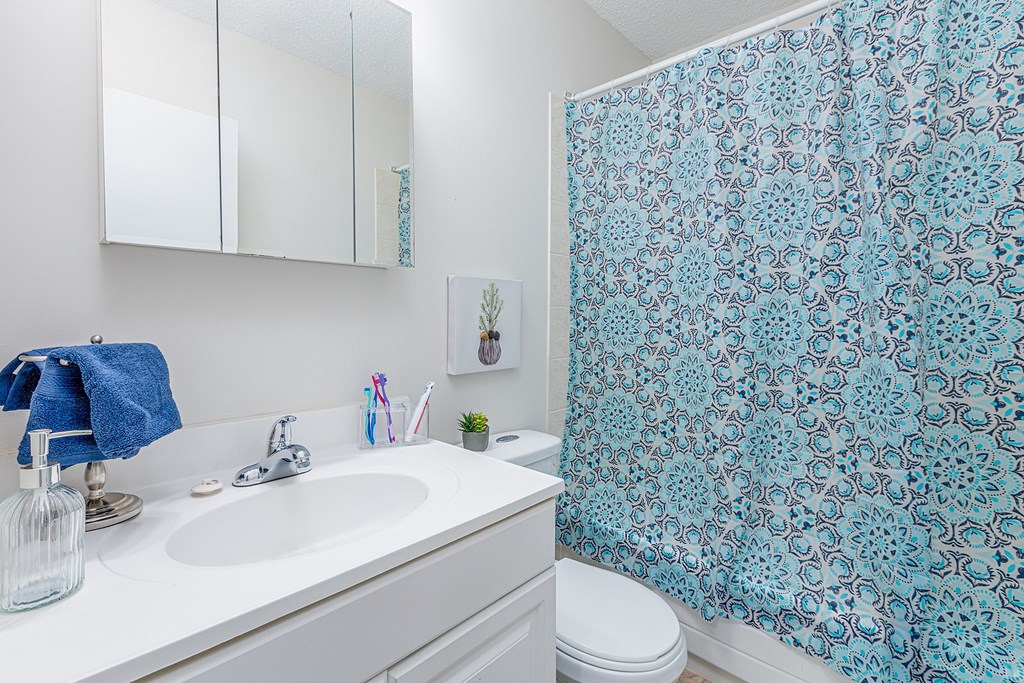 A bathroom with a blue shower curtain and a white toilet.