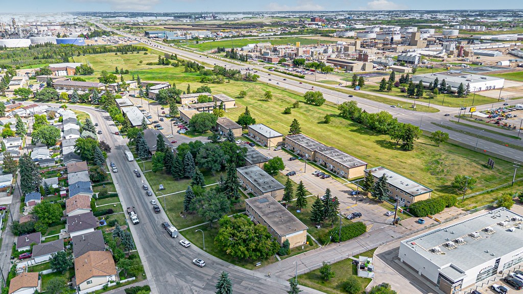 A view of a city from a high vantage point.