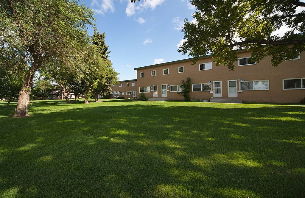 A grassy area in front of a building with trees.